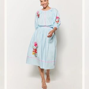 Fanm Mon Krosno Set Blouse Top & Midi Skirt Floral Embroidered Blue Small NWT